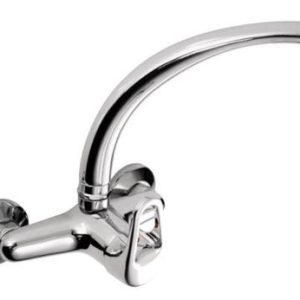 Dřezová stěnová baterie s přední ovládací pákou a horním ramínkem, rozteč 150 mm, klik-klak, chrom, MARS