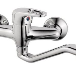 Dřezová stěnová baterie s tvarovaným plochým ramínkem, rozteč 150 mm, klik-klak, chrom – MARS