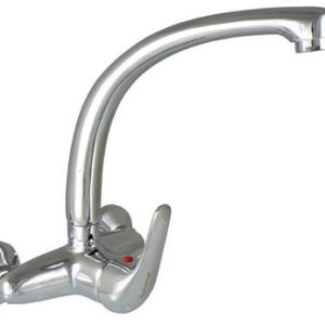 Dřezová stěnová baterie s přední ovládací pákou a horním ramínkem, rozteč 150 mm, chrom – FORUM