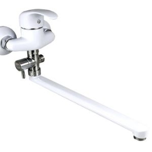 Vanová stěnová baterie do bytového jádra s plochým ramínkem, keram.přepínačem, rozteč 100 mm, klik-klak, bílá-chrom, PERLA