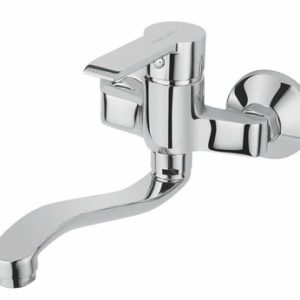 Dřezová stěnová baterie s tvarovaným plochým ramínkem, rozteč 150 mm, chrom – VENTURA